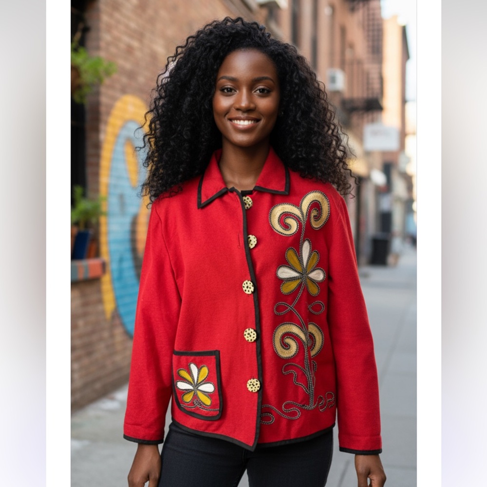 Vintage Indigo Moon Embroidered Red Floral Jacket